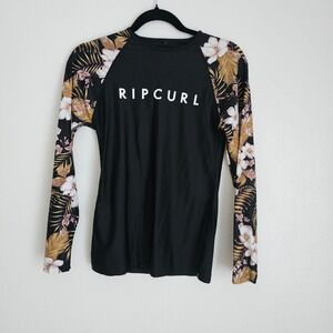 Rip Curl Long Sleeve Rash Guard Swim Top Black Tropical Floral UPF 50+ S to M